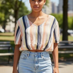Saltwater LUXE Striped‎ Cropped Blouse M Boho Pastel Summer Beachy Casual V Neck